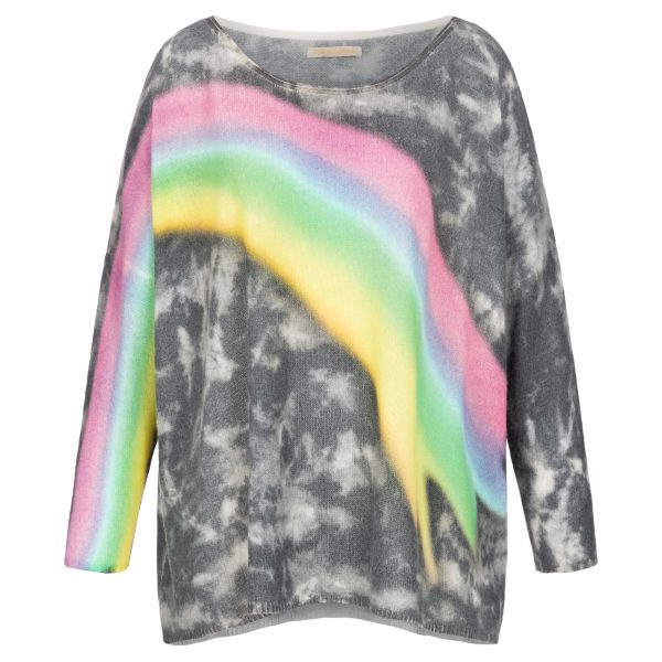 Rainbow , cashmere Pullover im Vintage Look , ein Batik Druck mit Regenbogen vorn und am arm, Vorderansicht