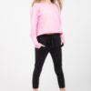 rosa kurzes oversized geschnittenes Sweatshirt mit lang arm und offenen kanten , ohne Rippen Bündchen und schwarzer 7/8 langen Sweatshirt Hose