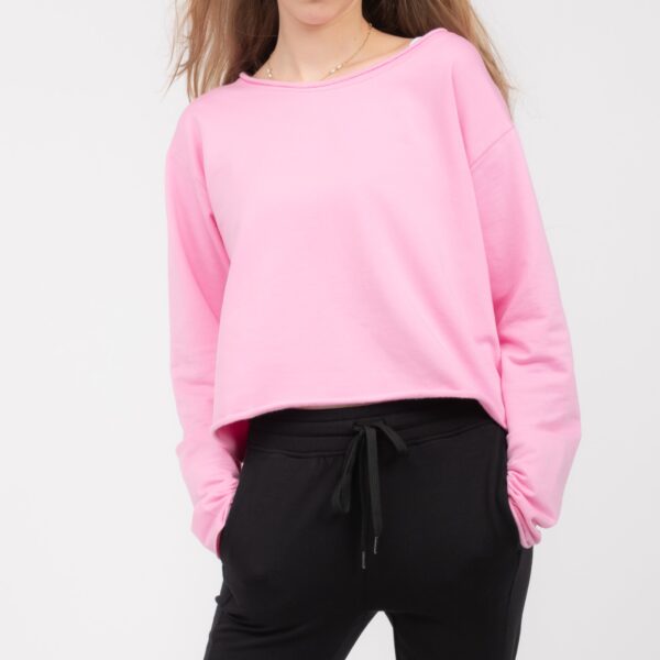 Basic Sweat , kurzes rosa oversized geschnittenes Sweatshirt mit lang arm und offenen kanten , ohne Rippen Bündchen
