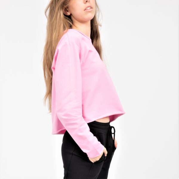 rosa kurzes basic Sweatshirt mit lang arm und offenen kanten , ohne Rippen Bündchen