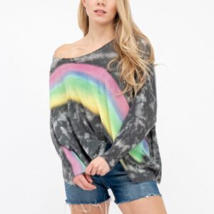 Rainbow , cashmere Pullover im Vintage Look , ein Batik Druck mit Regenbogen vorn und am arm
